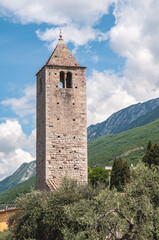 Fototapeta na wymiar Front view, far distance, of, a mid-evil stone, observation tower, in interior of Italy