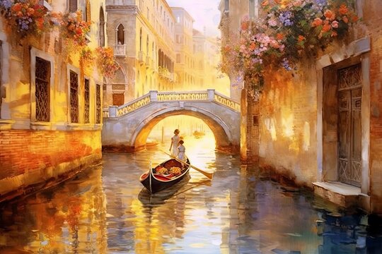 A romantic, watercolor - style painting of a couple in a gondola, gliding under a bridge adorned with blooming summer flowers,  in the waters of the Venetian canals. , made with generative ai