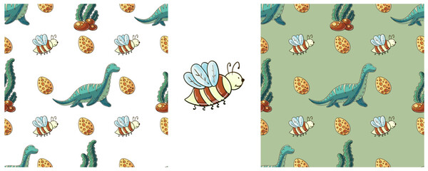 Dinosaurs of the Jurassic period. Hand drawn Set dinosaurs seamless pattern