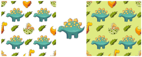 Dinosaurs of the Jurassic period. Hand drawn Set dinosaurs seamless pattern © bubushonok