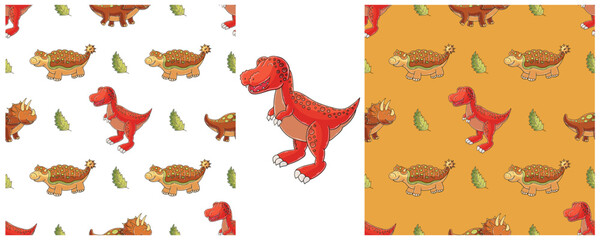 Dinosaurs of the Jurassic period. Hand drawn Set dinosaurs seamless pattern © bubushonok