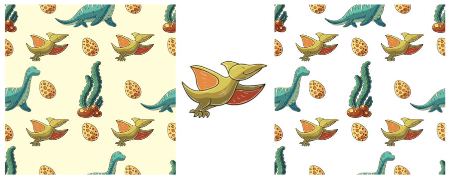 Dinosaurs of the Jurassic period. Hand drawn Set dinosaurs seamless pattern