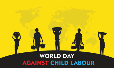 World Day Against Child Labour design. It features silhouette of children on yellow background with world map. Vector illustration
