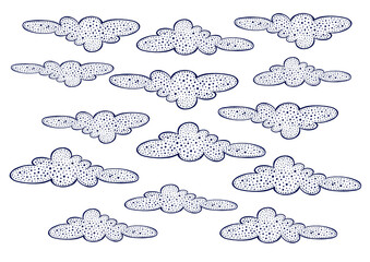 Pattern of clouds on a white background. Rounded shapes. Black outline. The clouds are drawn in a dot in the middle.