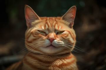 Funny cat laughing. Happy and kind relaxed kitten face with happy satisfied smile. Generated AI.