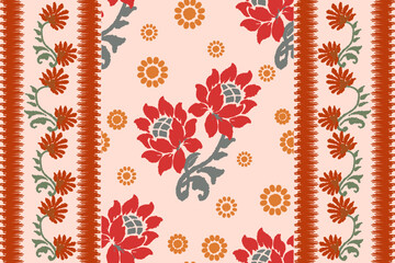 Ikat floral embroidery pattern on light pink background, traditional geometric pattern, Aztec style abstract vector illustration For background, carpet, wallpaper, clothes, batik wrapping, cloth.