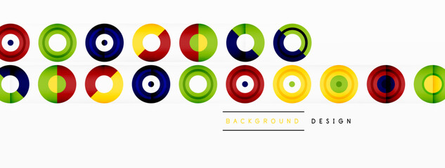Eye-catching background of colorful circles of equal size arranged in abstract pattern. Circle boasts unique tone or hue, creating rainbow effect. Design has upbeat, contemporary feel