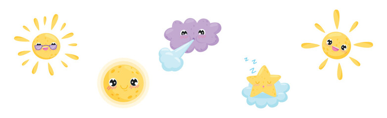 Cartoon Sun, Moon and Cloud with Different Facial Expression Vector Set