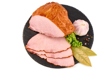 Cold smoked meat with slices, isolated on white background.