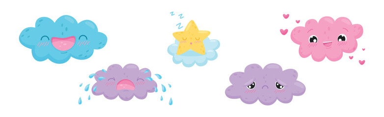 Cartoon Star and Cloud with Different Facial Expression Vector Set