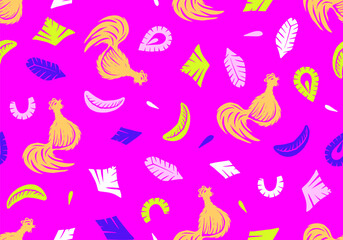 Seamless repeating pattern with abstract shapes, cut out scissors and cockerels. Poster, wallpaper, fabric, packaging and corporate identity in modern collage style.