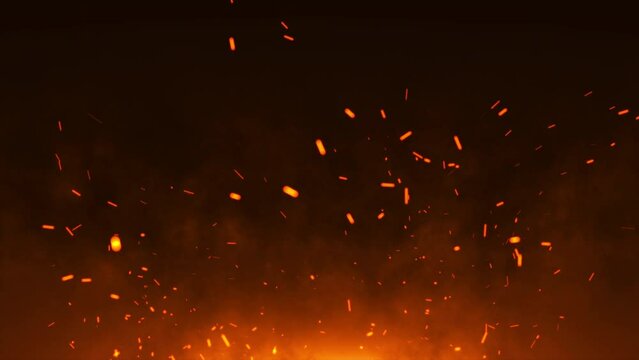 Red hot fire sparks and glowing ember particles rising on black background for cinematic productions, event openers, and music videos. Dramatic seamless loop in 4K.