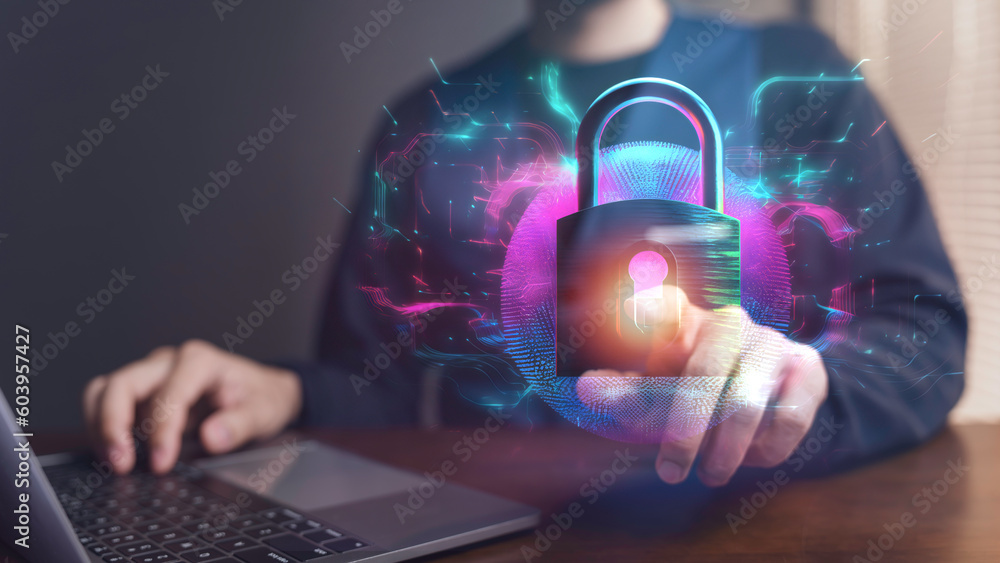 Poster businessman touching the screen, keying login details into a digital network system, business data p