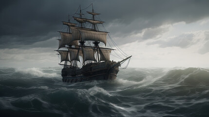 Obraz premium Ship in the stormy sea with huge waves. Giant stormy waves in the ocean and boat. Generated AI.