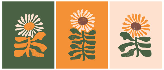 Simple Hand Drawn Floral Vector Illustration Set. Boho Style Print with Abstract Sunflowers on a Green, Ivory and Orange Background. Decorative Botanic Graphic ideal for Wall Art, Poster, Card, Decor.