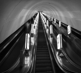 Kyiv, Ukraine. May 2023. Escalator in the metro station 