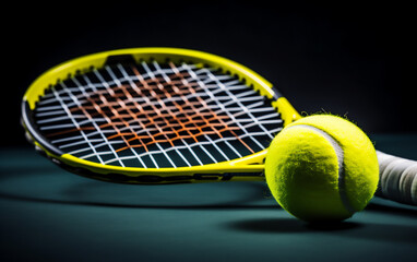 Tennis Racket with a ball in tennis court, Macro Photography, close up