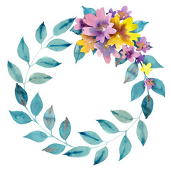 Fototapeta na wymiar Watercolour painted floral round wreath. Pink and yellow flowers and blue green leaves. Round border. Floral frame. Aquarelle art. Hand drawn illustration isolated.