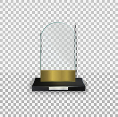 Achievement and success. Set of glass trophy award. Crystal prize with blank golden plank 3D. Competition winner reward. Realistic glass trophy award, clear diamond winner prizes. Vector illustration - obrazy, fototapety, plakaty