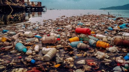 Plastic pollution in ocean. Problem plastic bottles and microplastics on beach. Marine plastic pollution concept. Generative AI