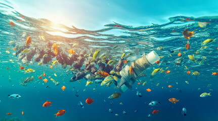 Fototapeta na wymiar Plastic pollution in ocean. Problem plastic bottles and microplastics floating in the open ocean. Marine plastic pollution concept. Generative AI