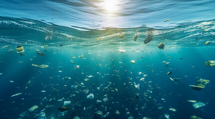 Plastic pollution in ocean. Problem plastic bottles and microplastics floating in the open ocean. Marine plastic pollution concept. Generative AI