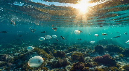 Fototapeta premium Plastic pollution in ocean. Problem plastic bottles and microplastics floating in the open ocean. Marine plastic pollution concept. Generative AI