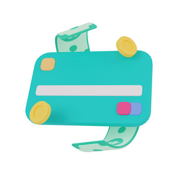 credit card with falling coind and money 3d illustration
