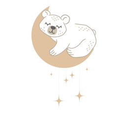 White baby bear sleeping  on moon with stars isolated