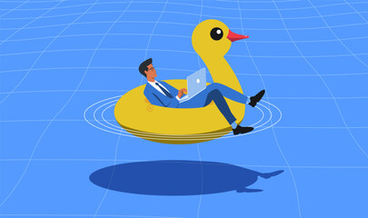 Naklejka na ściany i meble Man working on laptop floating in the pool. Freelance, summertime, vacation concept. Flat vector illustration. 