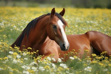 Naklejka na ściany i meble Young horse lying in grass and flowers Generative AI