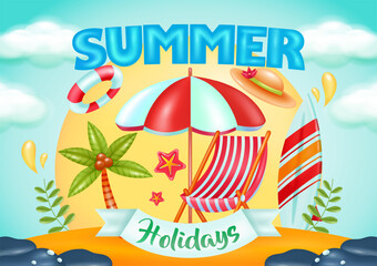 Summer holidays. Summer beach vector design by the sea with beach chairs and umbrellas. Summer background 3d vector illustration suitable for beach holidays