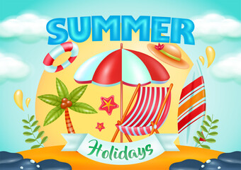Naklejka premium Summer holidays. Summer beach vector design by the sea with beach chairs and umbrellas. Summer background 3d vector illustration suitable for beach holidays