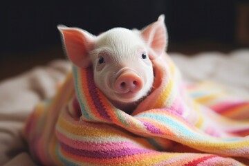 White cute mini pig sitting under a soft knitted blanket. Generative AI