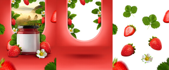 Jar jam display sweet product red background strawberry png fruits window mockup 