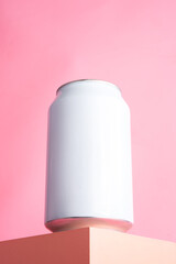 Soda can mockup on podium isolated