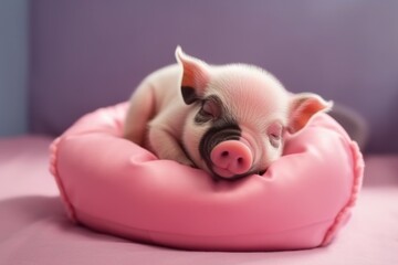 White cute mini pig sleeping on a soft pillow. Generative AI - obrazy, fototapety, plakaty