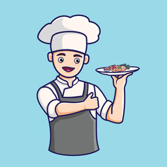 Smiling chef cartoon character holding plate with delicious dish and giving thumbs up, Good for icon, mascot, logo professional chef