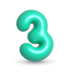 Colorful, gleaming and lustrous aquamarine mint balloon digit three. 3d realistic design element isolated on white background. For birthday cake, happy birthday, party.