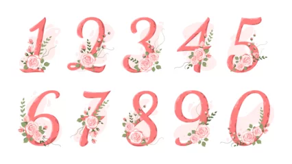 Foto op Plexiglas Collection numbers from 0 to 9 decorated with roses, branches, leaves. For the first year of a baby's life, wedding invitations and birthday cards. Baby milestone © Olena