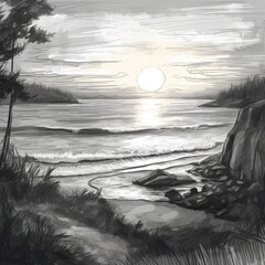 beach with cliffs in black and white during sunset, pencil sketch style, generated with generative ai