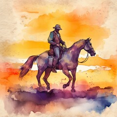 male horse rider, cowboy riding into the sunset, illustration, painting style, generated with generative ai