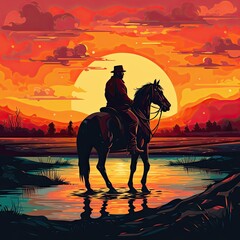male horse rider, cowboy riding into the sunset, illustration, painting style, generated with generative ai