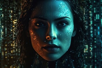 Digital code, portrait of woman. Beautiful illustration picture. Generative AI