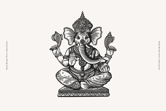 Hand-drawn image of the god Ganesha on light background. Indian mythical creature with the head of an elephant. Retro illustration for tattoo template, yoga studio design vintage engraving style.