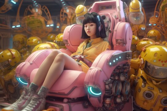 Chinese young woman sitting in pink robot chair with toys. Beautiful illustration picture. Generative AI