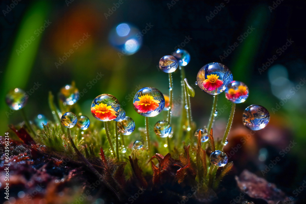 Poster extreme close up of bubbles containing small colorful flowers. created with generative ai technology