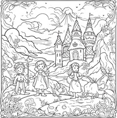 coloring pages to print for adults, a drawing of a castle and other things for coloring, in the style of monstrous surrealism, illustration, playful cartoonish illustrations,  highly detail