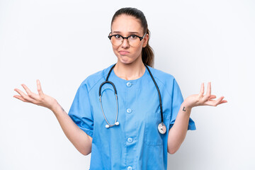 Young caucasian surgeon doctor woman isolated on white background having doubts while raising hands