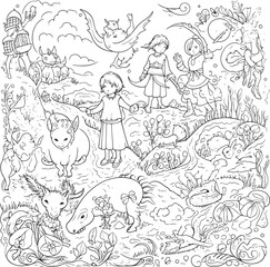 coloring pages to print for adults, a drawing of a castle and other things for coloring, in the style of monstrous surrealism, illustration, playful cartoonish illustrations, highly detail